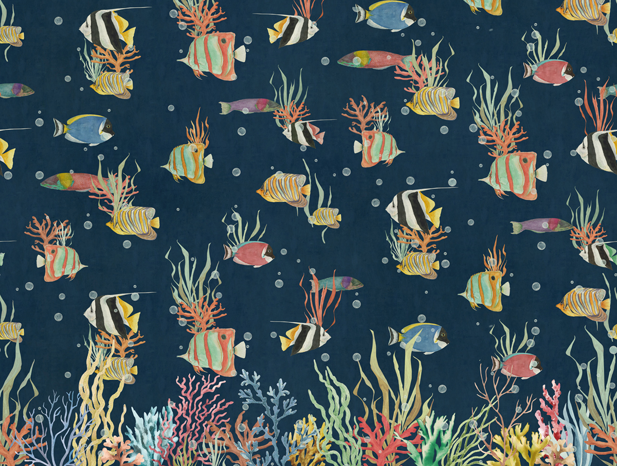 Papier peint panoramique Poisson Océan bleu marine - Panorama 2 de Lutèce | Réf. LTC-PAN1652C