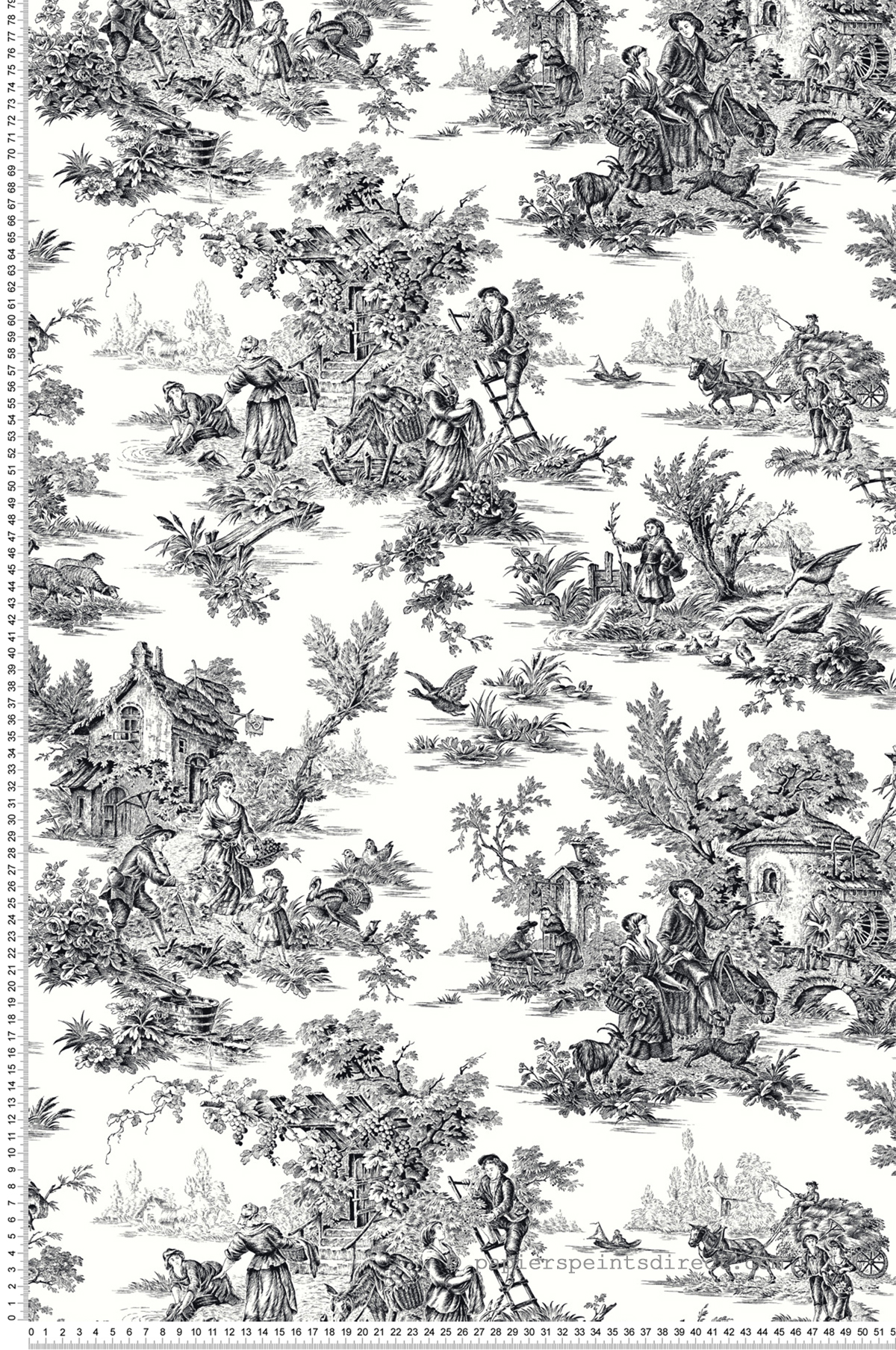 Papier peint Toile de Jouy Campagne noir et blanc - Toiles de York (Initiales) | Réf. INI-AT4228