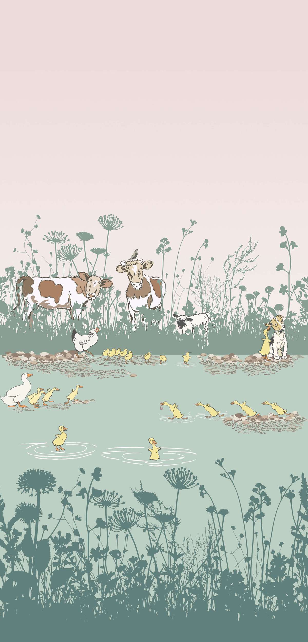 Papier peint Vache et Poussin Riverside Capers Quack - Storybook Papers de Little Greene | Réf. 0231RIQUACK