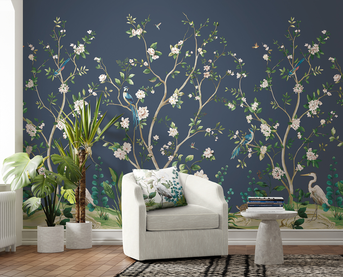 Papier peint panoramique Héron Botanique bleu marine - Daisy Bennett d'Initiales | Réf. INI-DB30112M