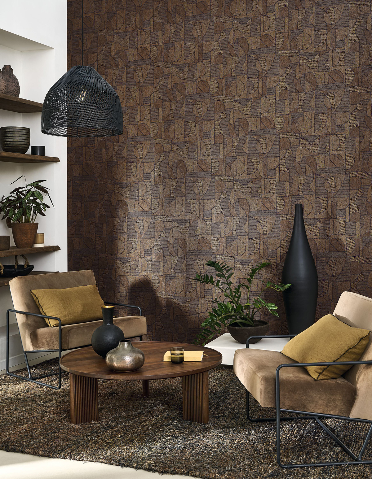 Papier peint Ethnique Motif Baman bleu nuit brun irisé - Matera de Casadéco | Réf. MATA201166969