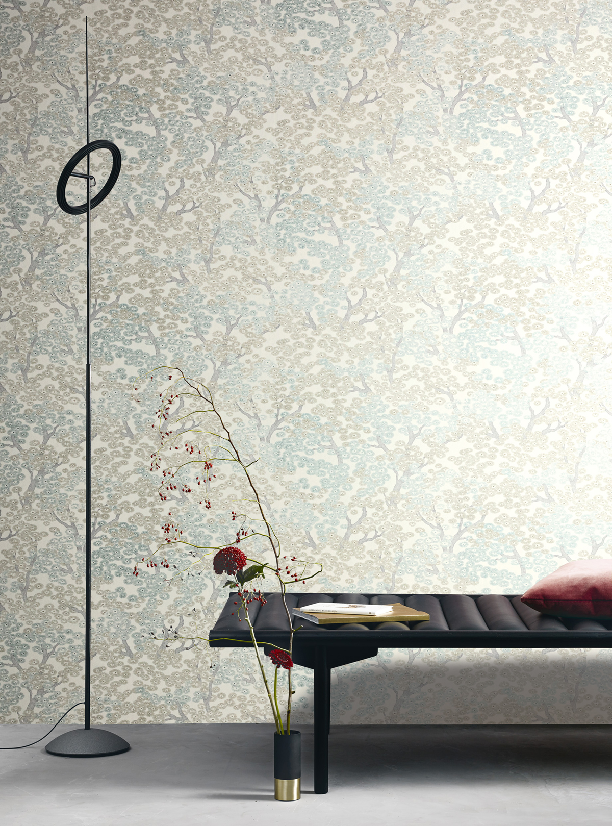 Papier peint Arbre Japonais Yuka turquoise métallisé - Kimono de Masureel | Réf. MAS-KIM804