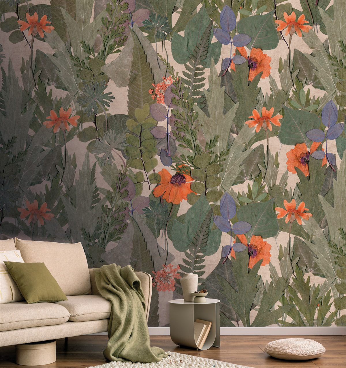 Papier peint panoramique Végétaux Herbier vert orange - Herbier de Montecolino | Réf. MC-HED27290