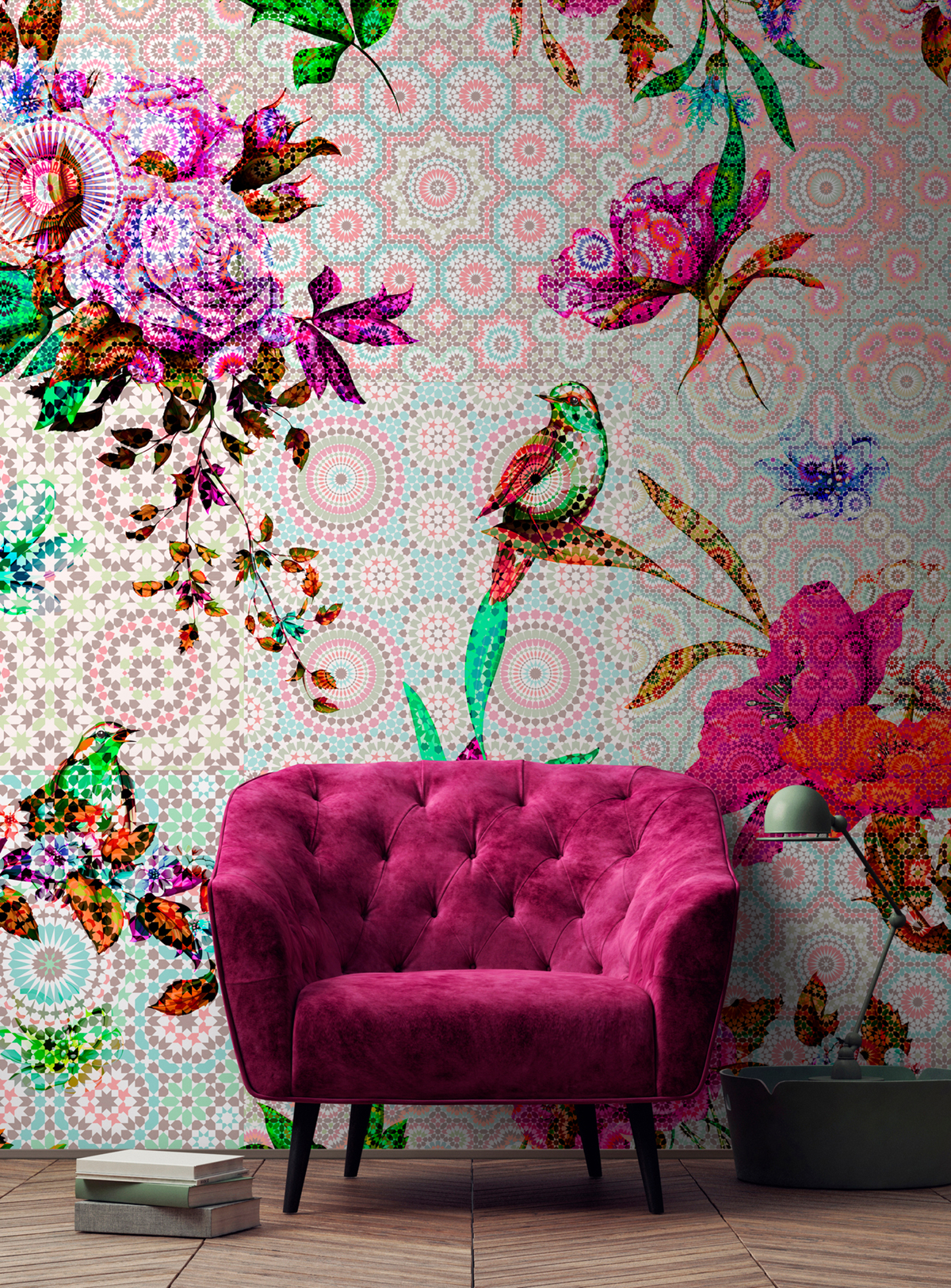 Papier peint panoramique Oiseau Mosaic Garden 2 - Référence DD110196 - Intissé 200g/m2 - Standard 400 x 270