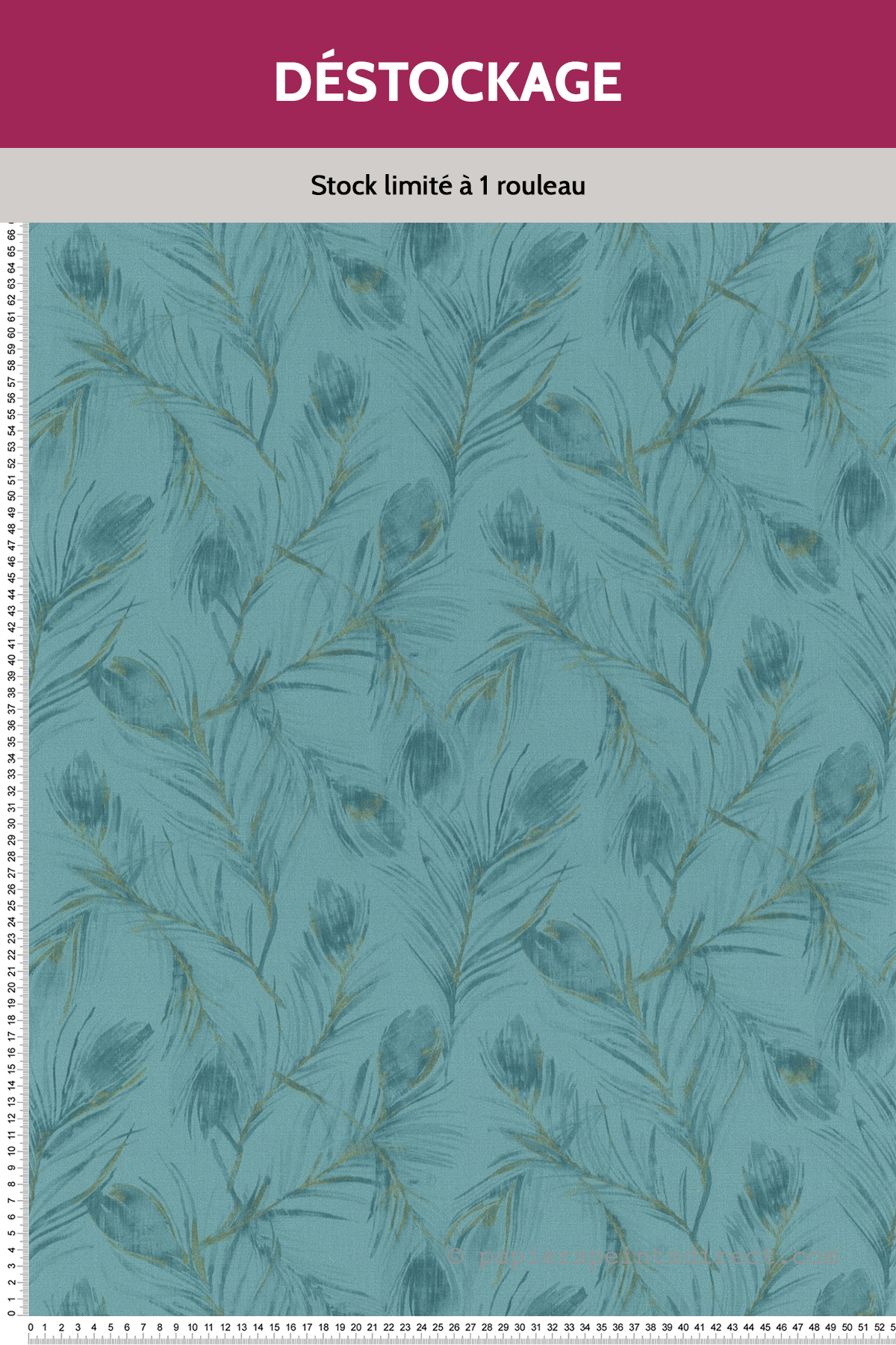 Papier Peint Destockage - Plumes de paon bleu canard - Fragrance