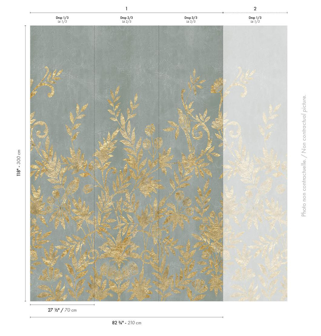 Papier peint panoramique Oiseau Jardin de Diane vert lichen doré - Panoramas 4 de Casamance AMBR | Réf. CAS-76740814