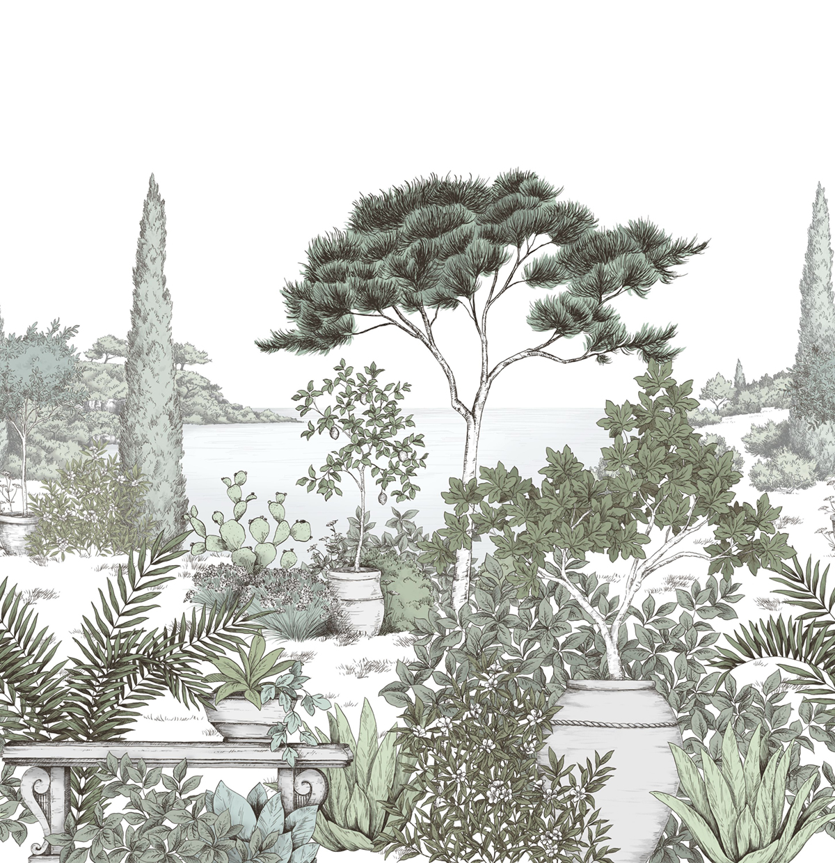 Papier peint panoramique Gravure A l'Ombre des Pins L vert 300X310 - Wonderwalls 2 de Casadéco | Réf. WDWD200017609