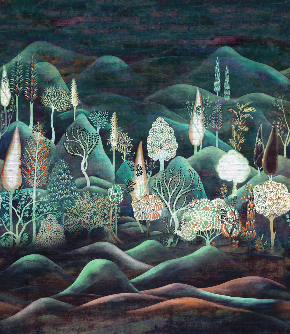 Papier peint panoramique Paysage Munnar bleu paon - A, B et C H300 - Summer de Masureel | Réf. MAS-DGSUM202X