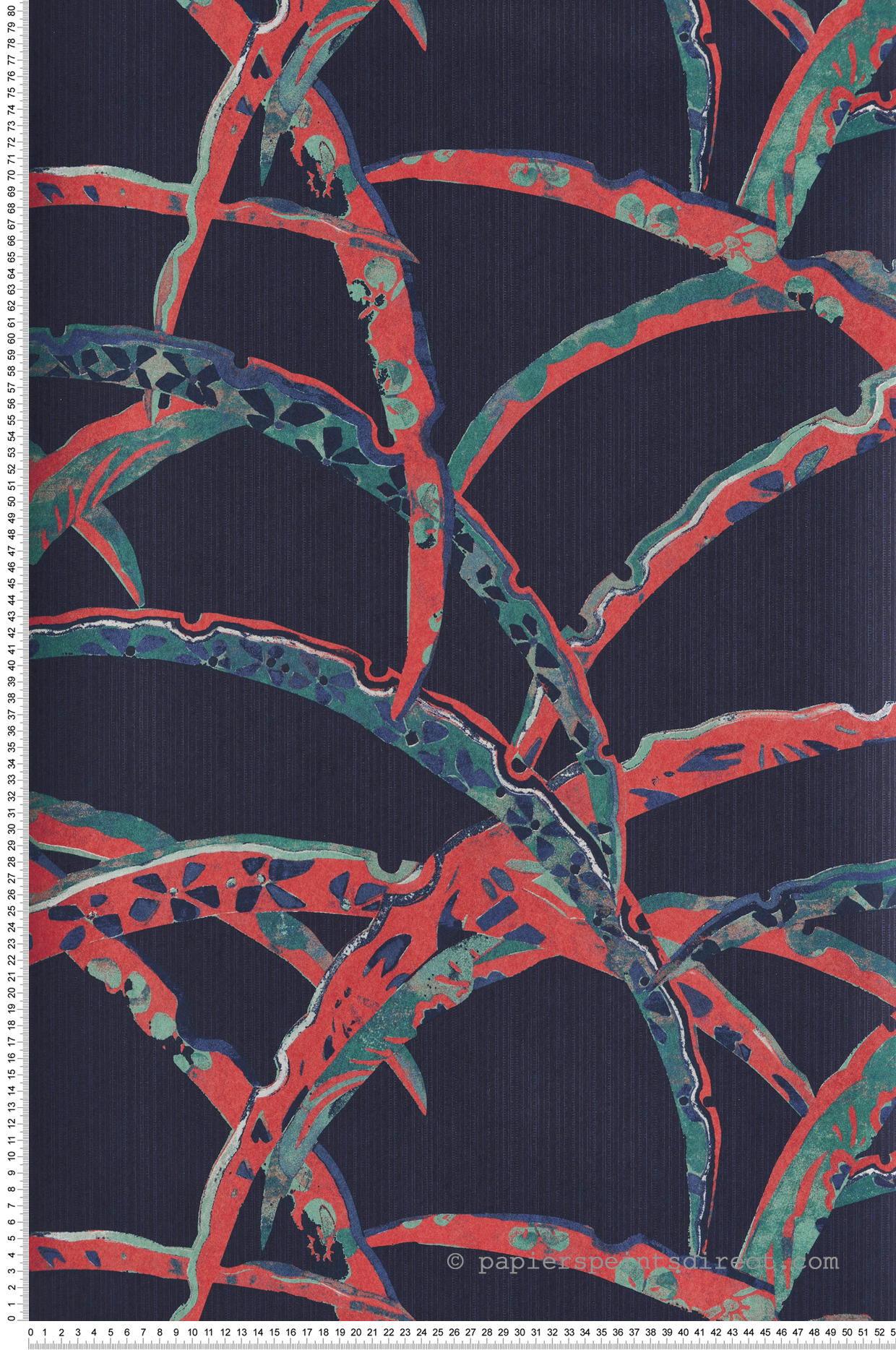 Papier peint Branche Kimono Daika bleu nuit rouge - Kimono de Masureel | Réf. MAS-KIM501