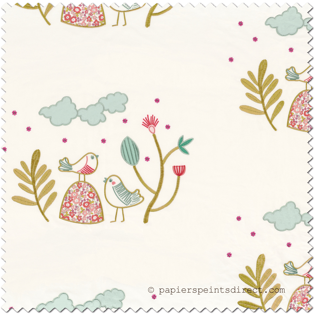 Tissu Oiseaux Rose & Jeanne blanc - Rose et Nino de Camengo | Réf. CAM-45540147