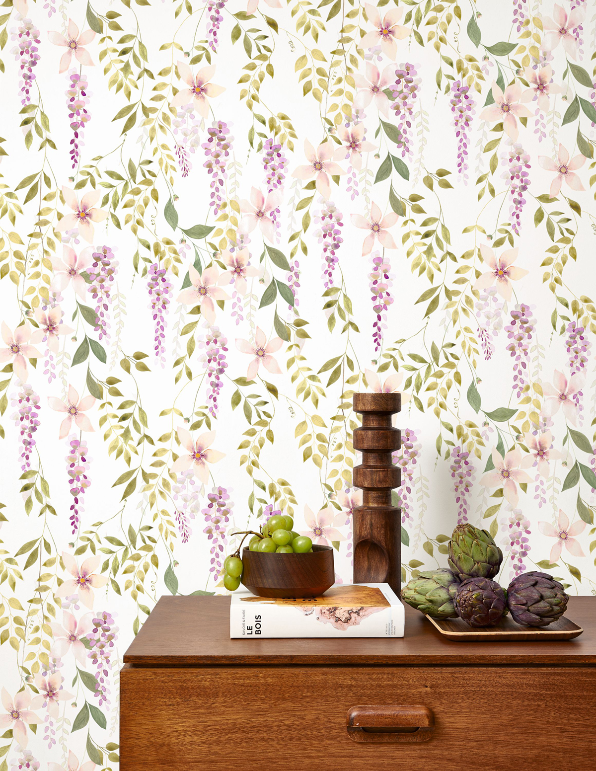 Papier peint Fleur Glycine Wisteria parme vert mousse - Soliflore de Casadéco | Réf. SOLI200305202