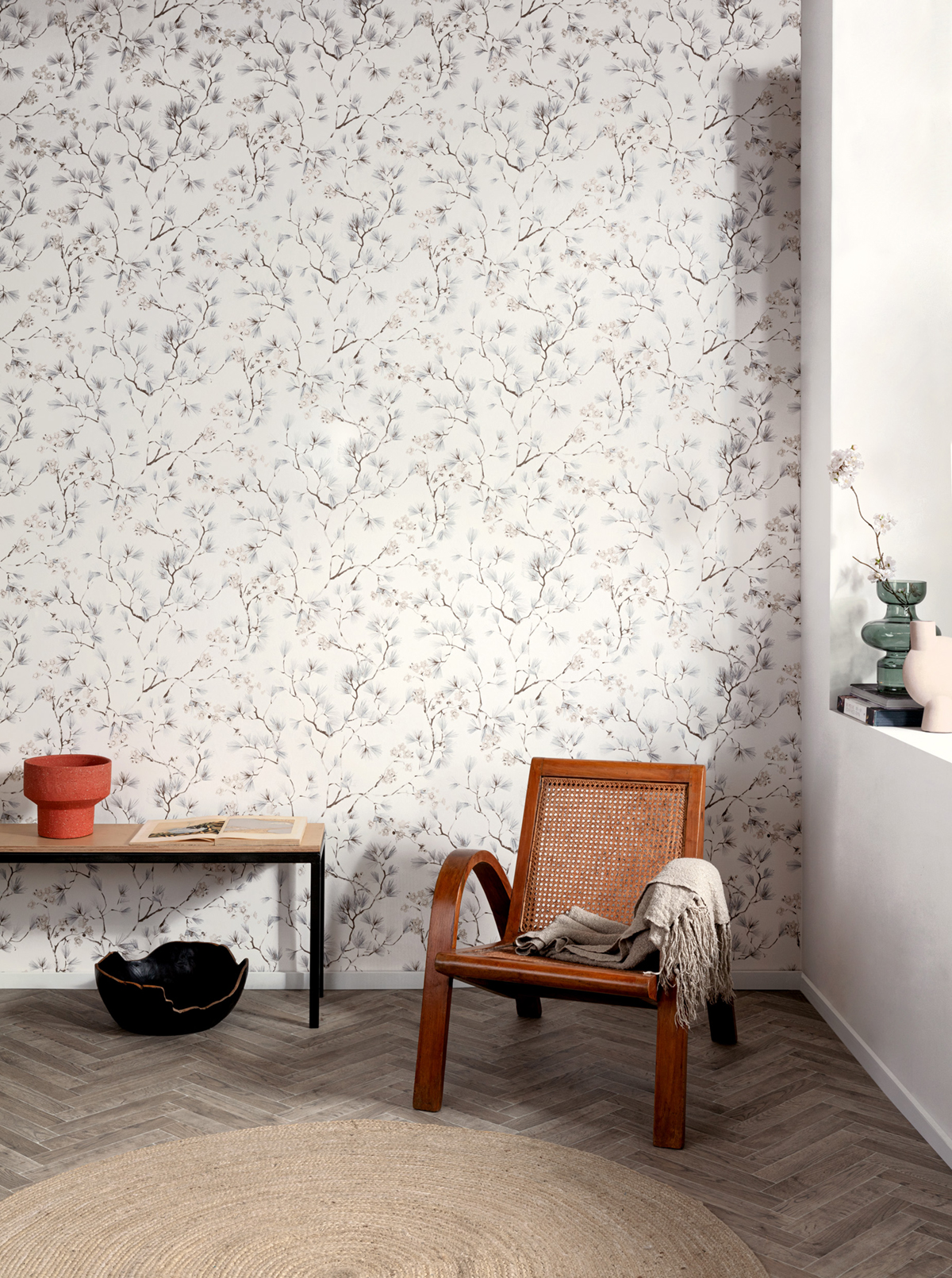 Papier peint Fleurs Japonaise Haru beige argenté - Kimono de Masureel | Réf. MAS-KIM104