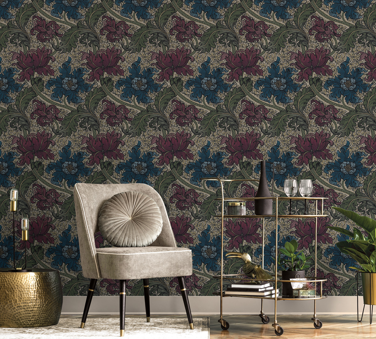Papier peint Fleur Renaissance Baroque prune bleu pétrole - The Wall Llewelyn-Bowen de Lutèce | Réf. LTC-LB25142