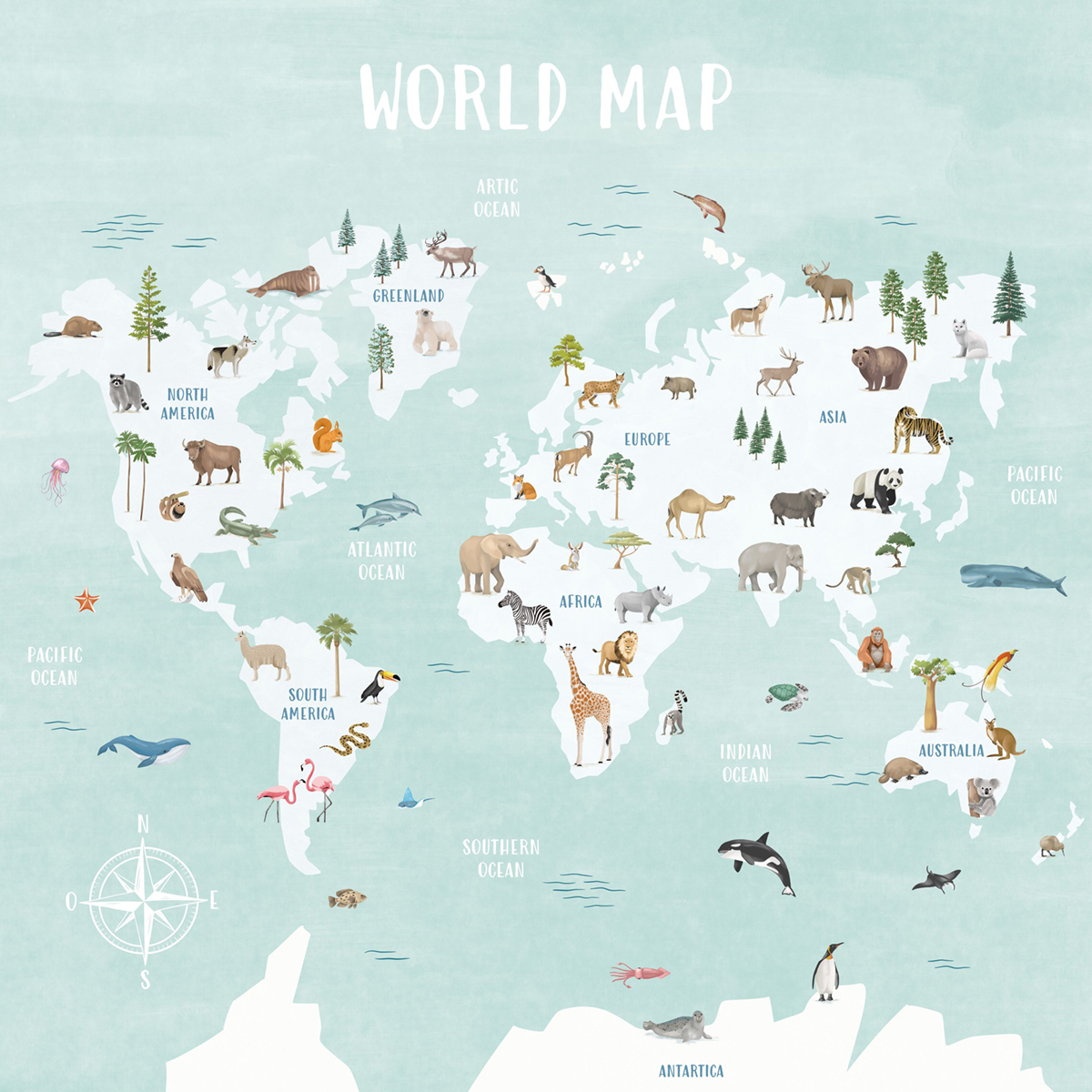 Papier peint panoramique Carte Découvrir le Monde bleu S 250X250 - Les Minis Mondes de Casélio | Réf. MNM105766306