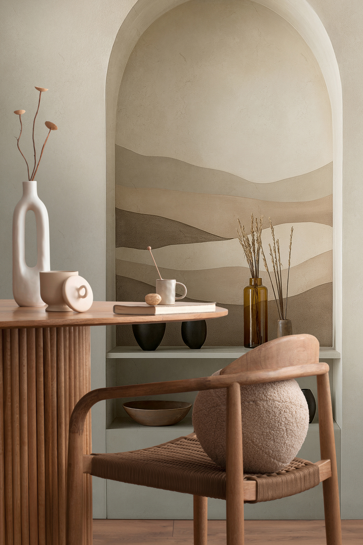 Papier peint panoramique Etagère Trompe l'Œil Clay Mirage beige - Cosmoliving d'A.S. Création | Réf. AS-791446