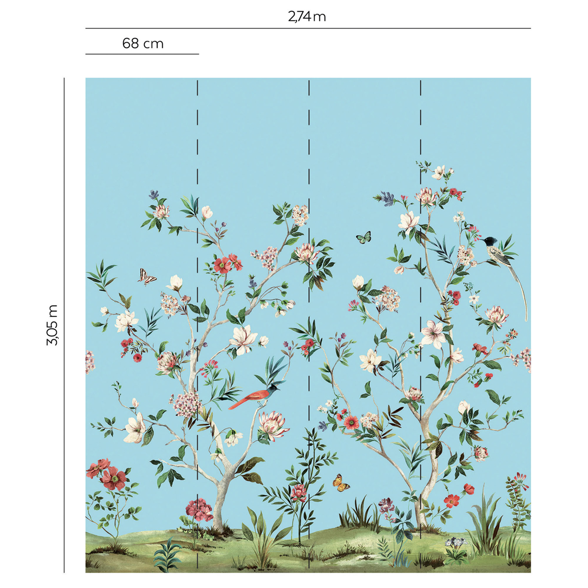 Papier peint panoramique Oiseaux Chinoiserie Magnolia bleu clair - Daisy Bennett d'Initiales | Réf. INI-DB30502M