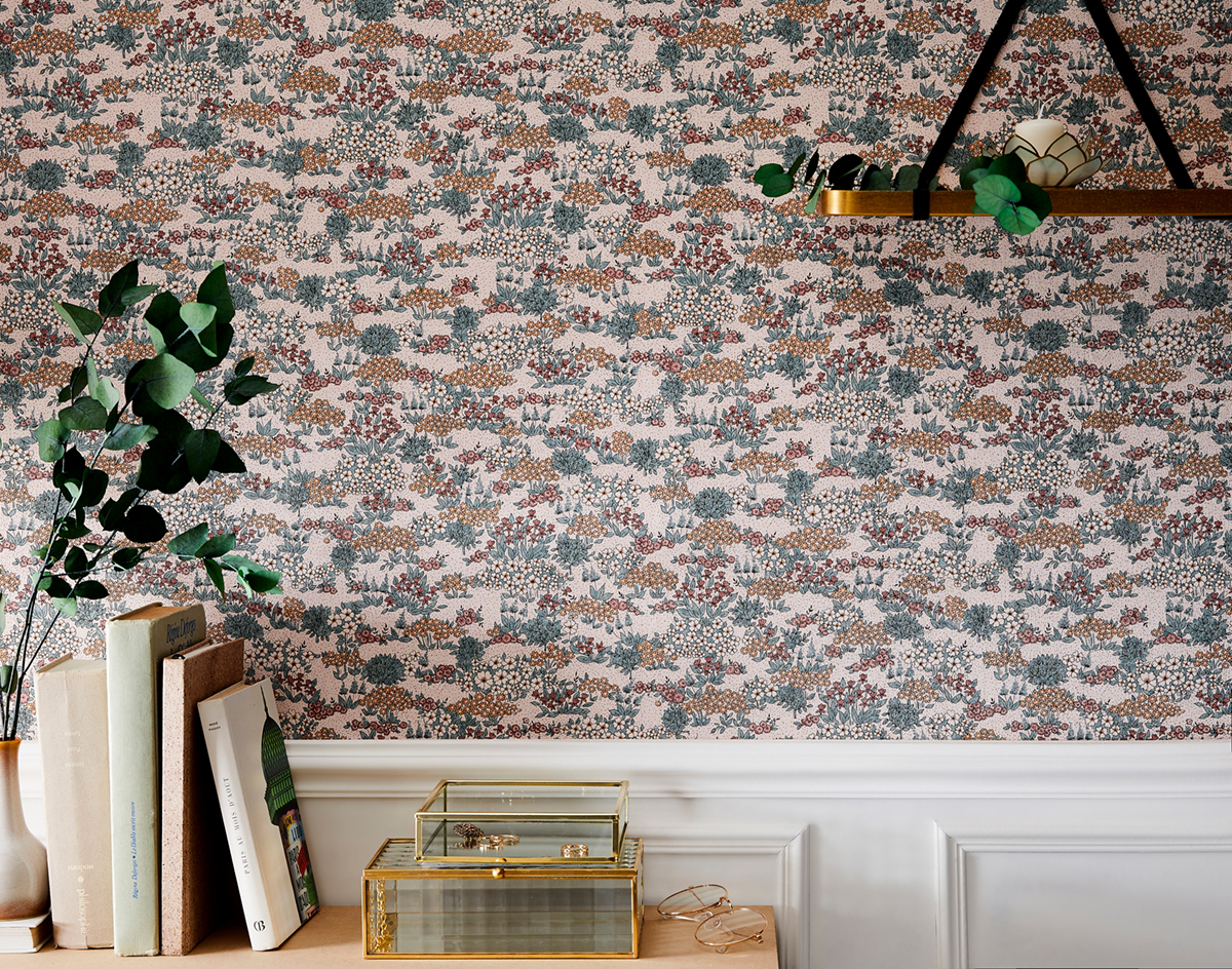 Papier peint Destockage - Liberty Fleur rose et vert - Melody de Lutèce