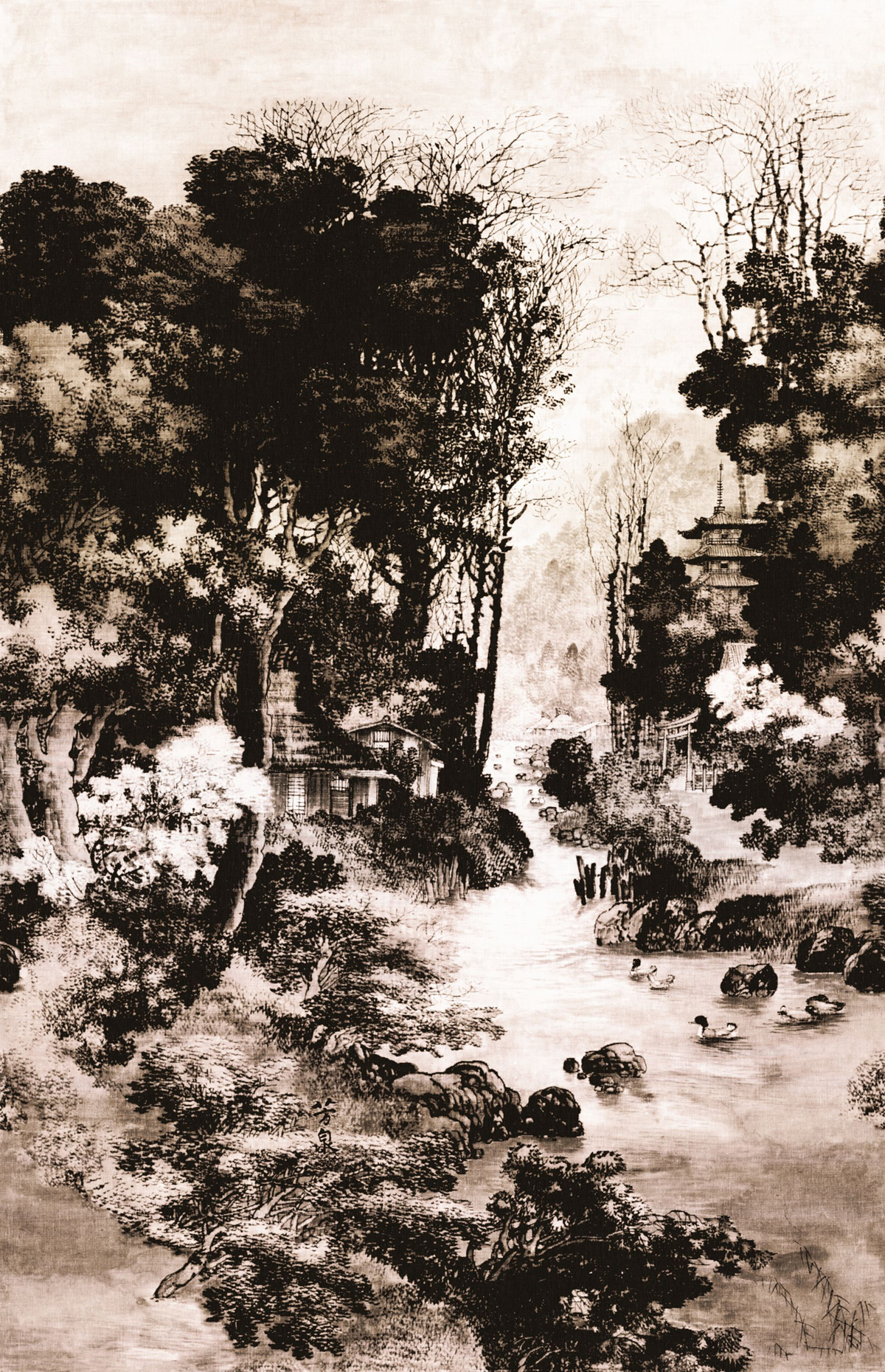 Papier peint panoramique Pavillon d'or sepia - Kyoto de Casadéco | Réf. KYTO88772951