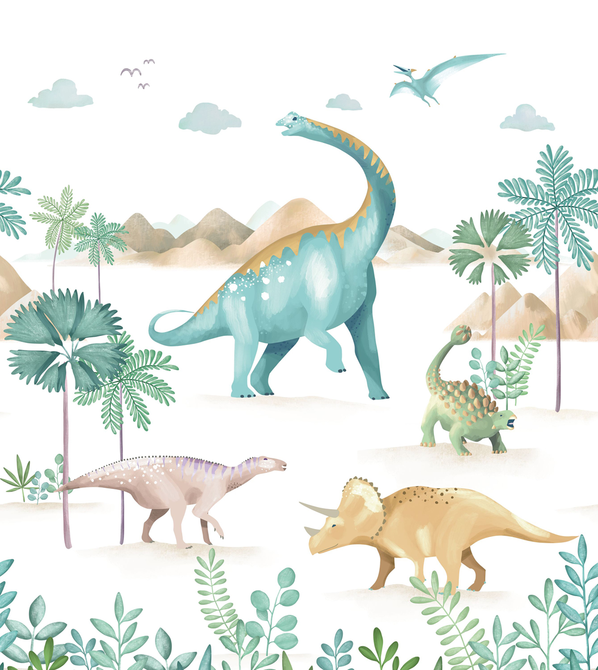 Papier peint panoramique Monde des Dinosaures vert M 250X280 - Les Minis Mondes de Casélio | Réf. MNM105774501