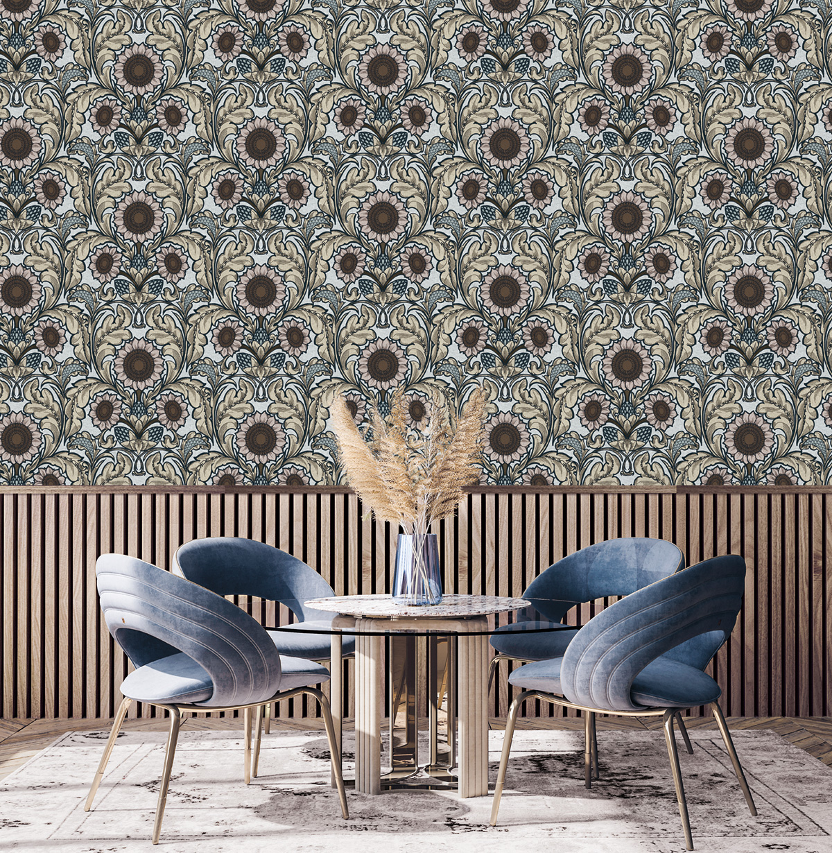 Papier peint Médaillon Tournesol Vintage bleu ciel - The Wall Llewelyn-Bowen de Lutèce | Réf. LTC-LB25148