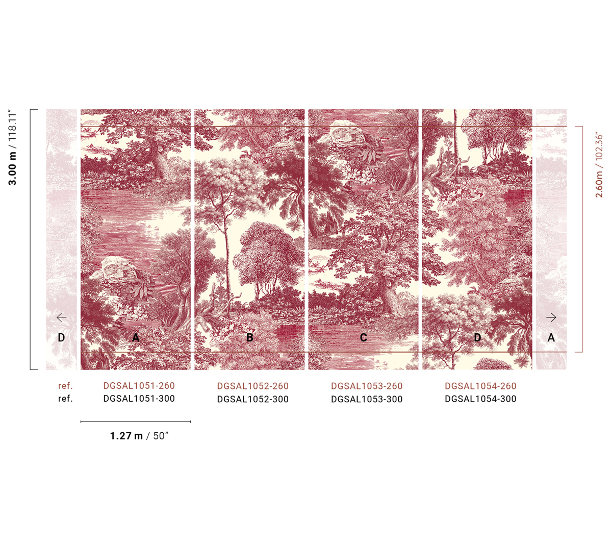 Papier peint panoramique Toile de Jouy Salcey rouge - D H260 - Amazone de Masureel | Réf. MAS-DGSAL1054-260