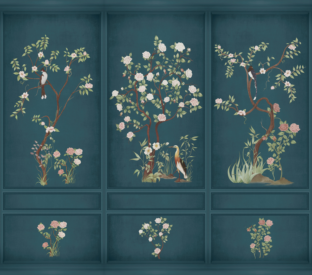 Papier peint panoramique Boiserie Fleurie bleu foncé - Panorama 2 de Lutèce | Réf. LTC-PAN1574C