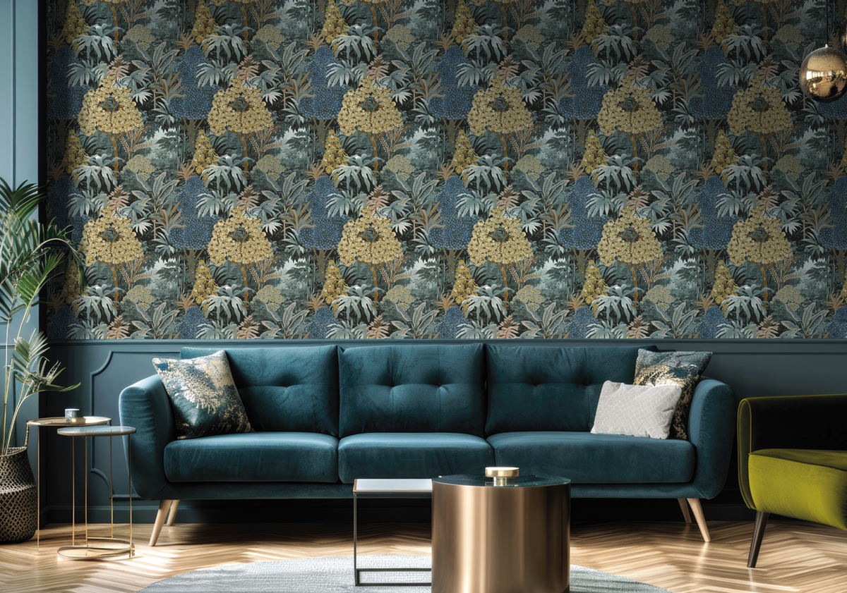 Papier peint Feuillage Artémis bleu pétrole doré - Maison Paradis de Lutèce | Réf. LTC-MP15502