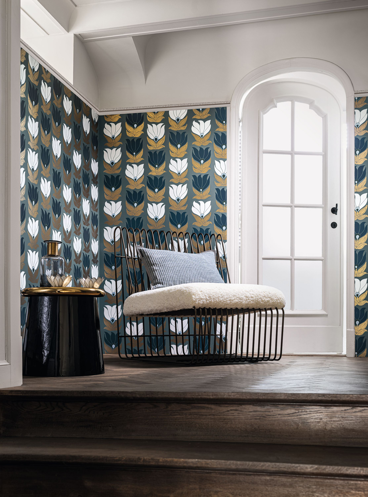 Papier peint Fleur Graphique Dauphine vert de gris doré - Square Jasmin de Casamance | Réf. CAS-75690814