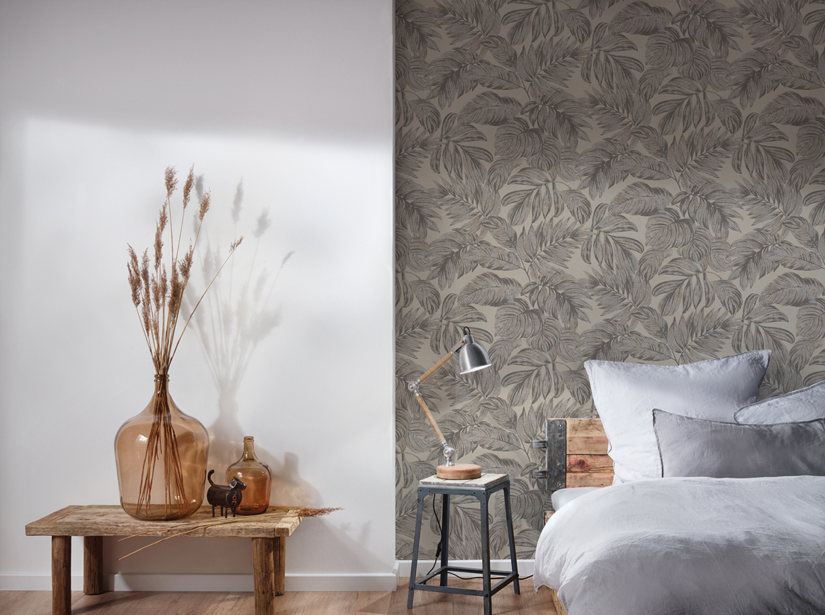 Papier peint Feuille Palme grège argenté - Casual Living d'A.S. Création AMB4| Réf. AS-393402