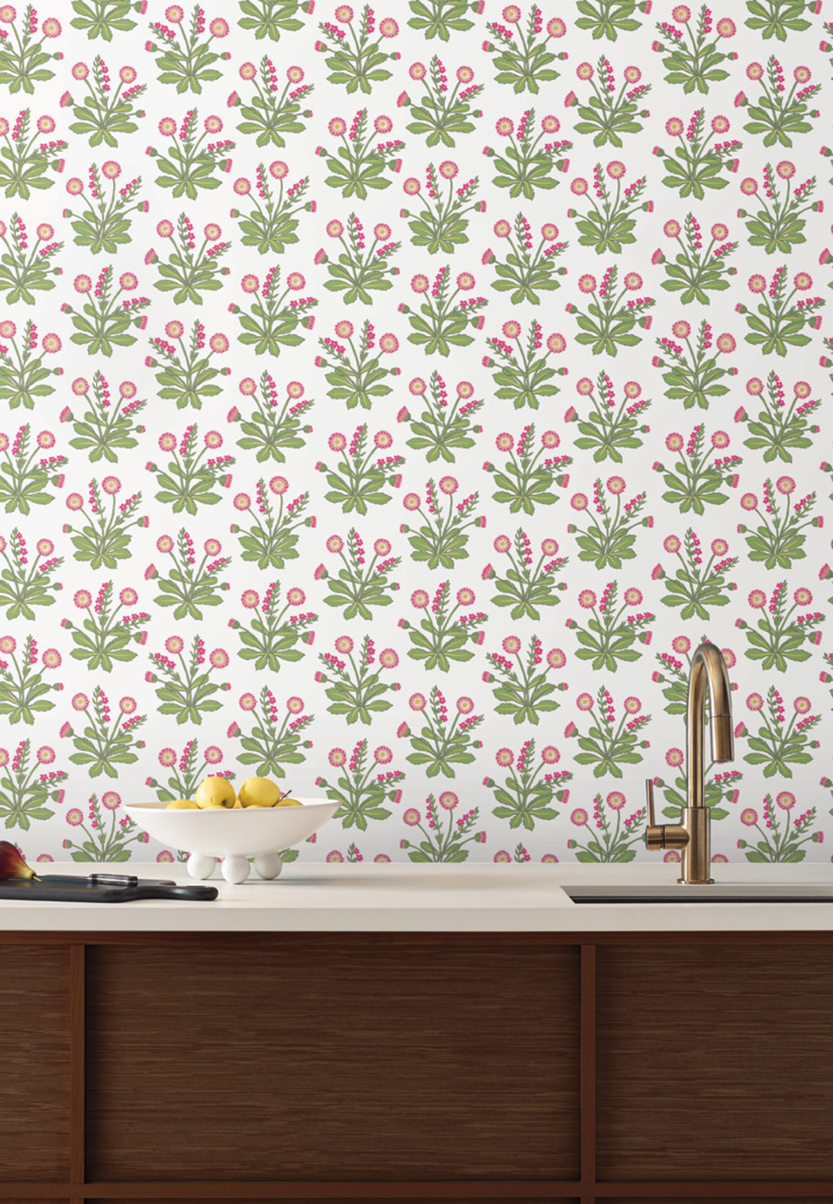 Papier peint Fleurs de Pré rose fuchsia vert - Arts & Crafts d'Initiales | Réf. INI-AC9153