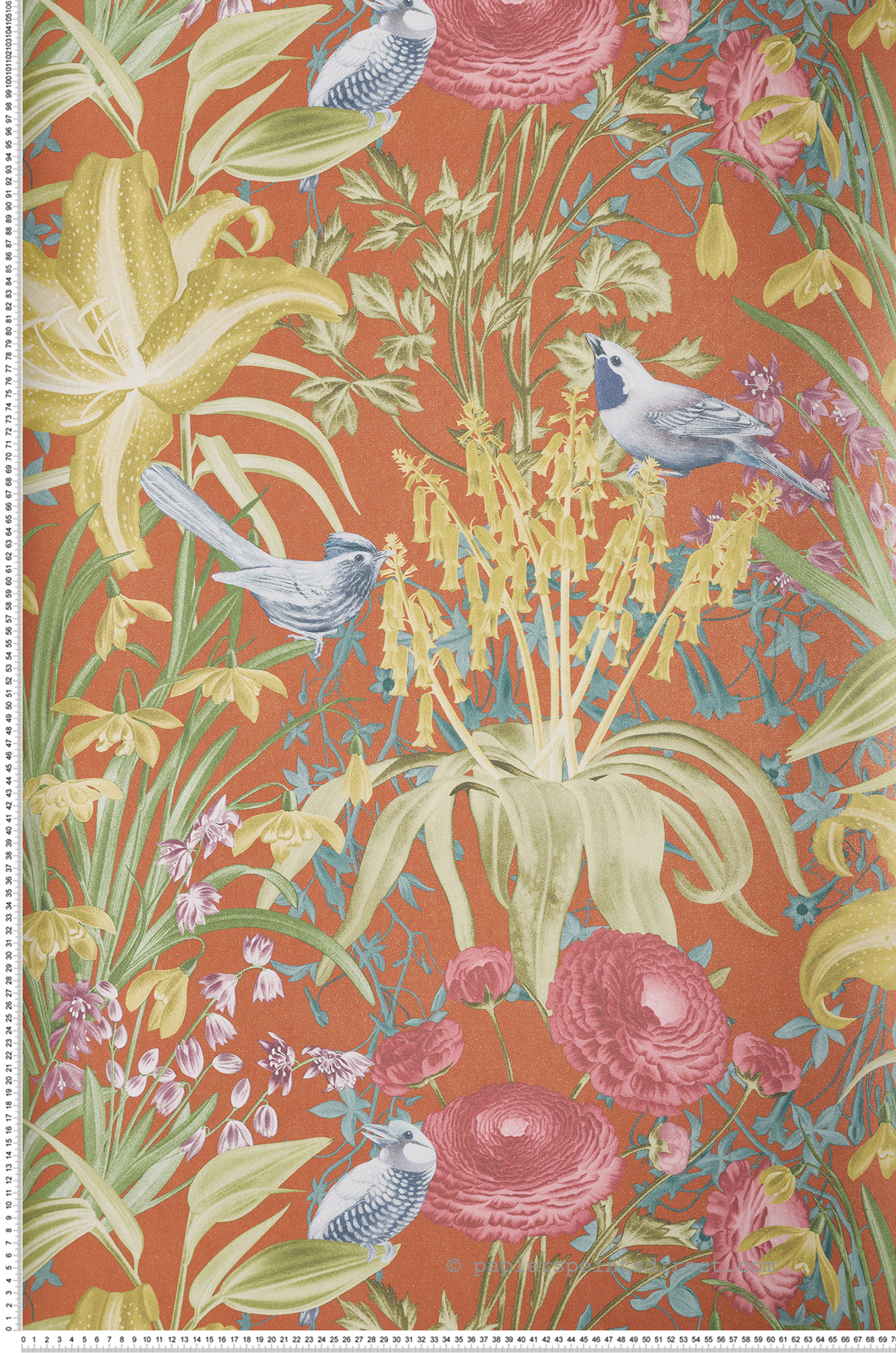 Papier peint Oiseaux et Fleurs Moorea orange et doré - Moorea de Montecolino | Réf. MC-26732