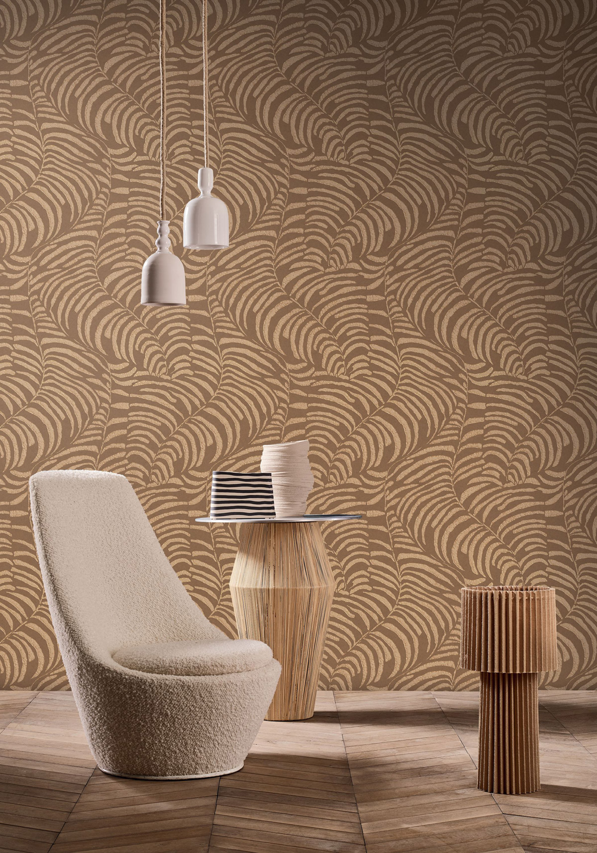 Papier peint Feuille Ethnique Nobile camel mordoré - Jardin Félicia de Casamance | Réf. CAS-76591834