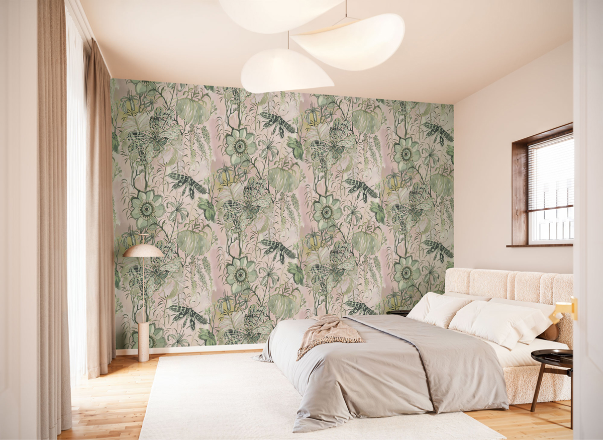 Papier peint panoramique Papillons Fleurs rose - Seasons de Komar