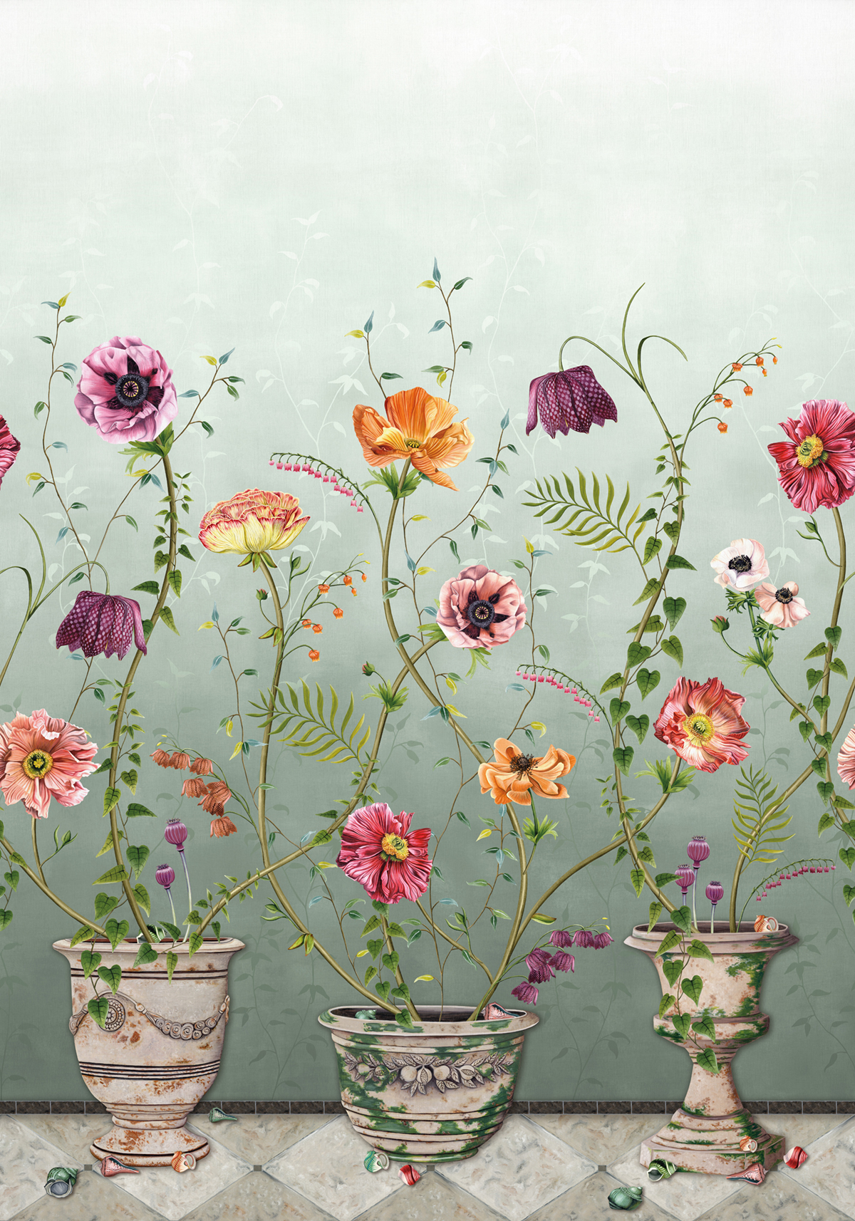 Papier peint panoramique Pots de Fleurs vert - Lamorran d'Osborne & Little | Réf. OSB-W7683-03