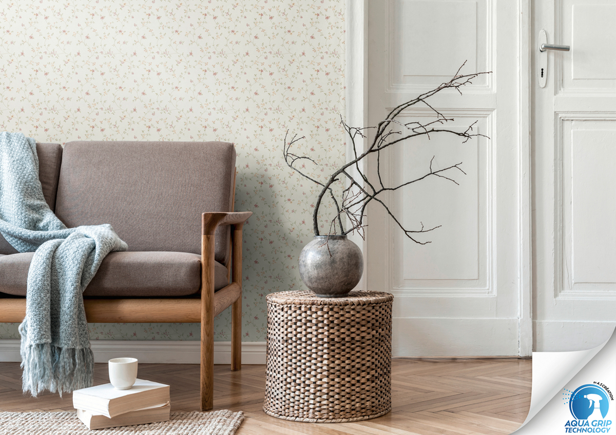 Papier peint préencollé Ramage Fleur Charme vert beige - Designdrop d'A.S. Création AMB2 | Réf. AS-784551