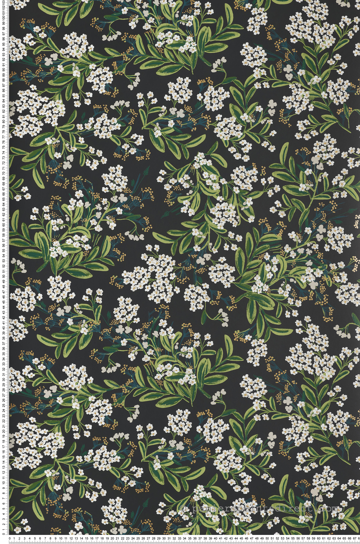 Papier peint Fleurs Myosotis noir doré - Rifle Paper Co. 2 de York (Initiales) | Réf. INI-RP7384