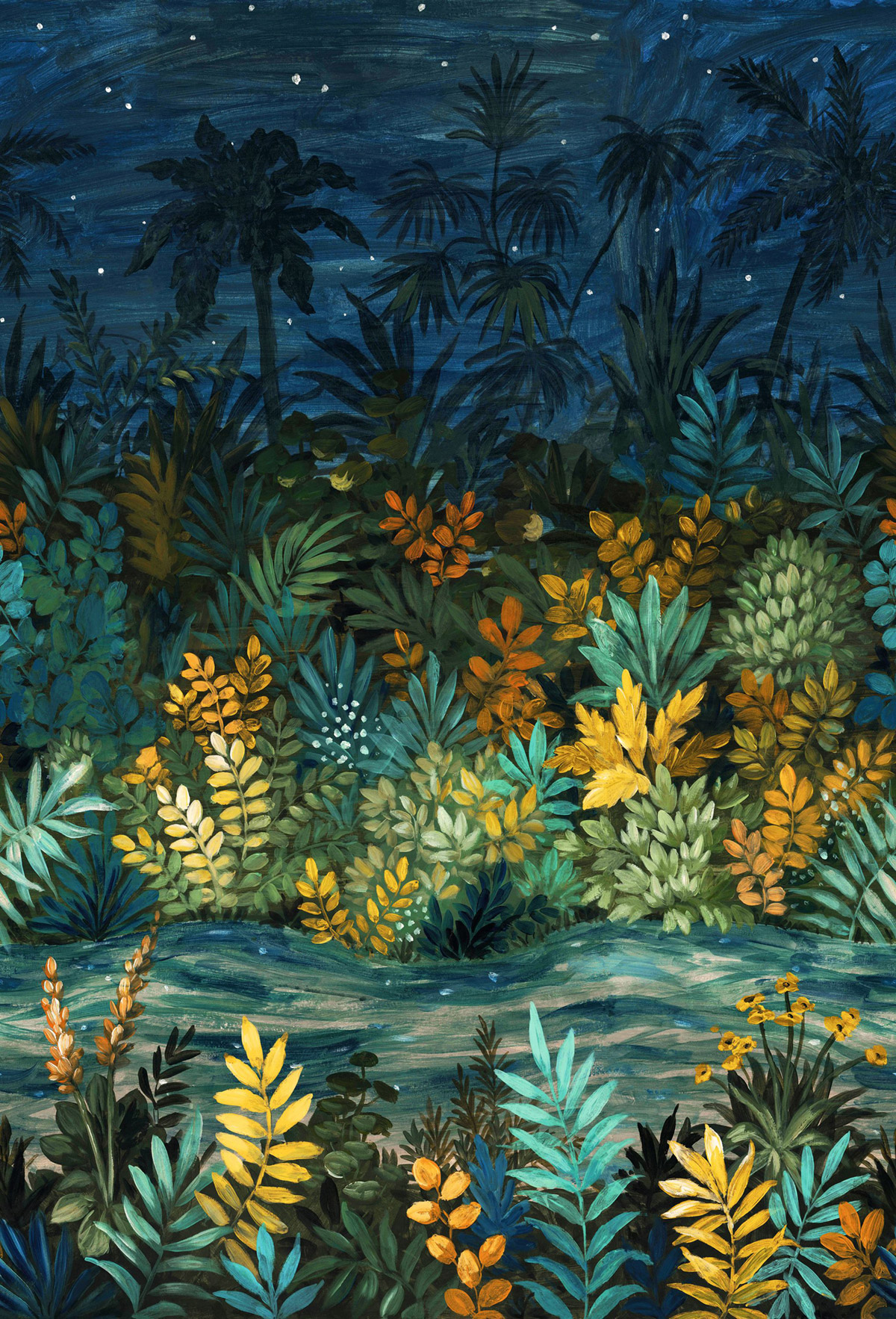 Papier peint panoramique Tropical Nuit Étoilée bleu marine - Panoramas 3 de Casamance | Réf. CAS-76401324