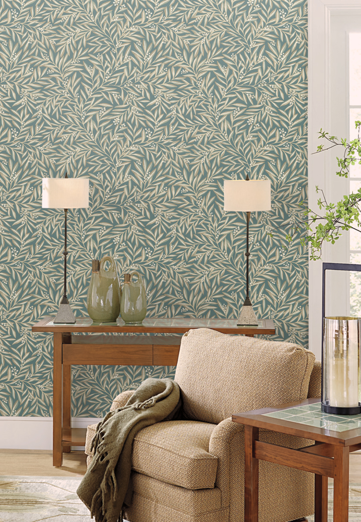 Papier peint Feuillage Sorbier beige vert - Arts & Crafts d'Initiales | Réf. INI-AC9137