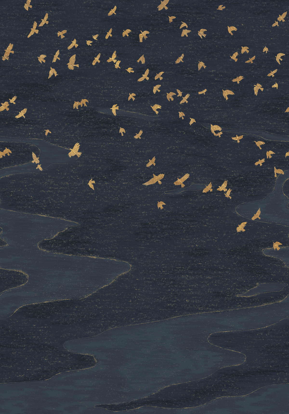 Papier peint panoramique Oiseau Migration bleu marine doré - Panoramas 4 de Casamance | Réf. CAS-76730610