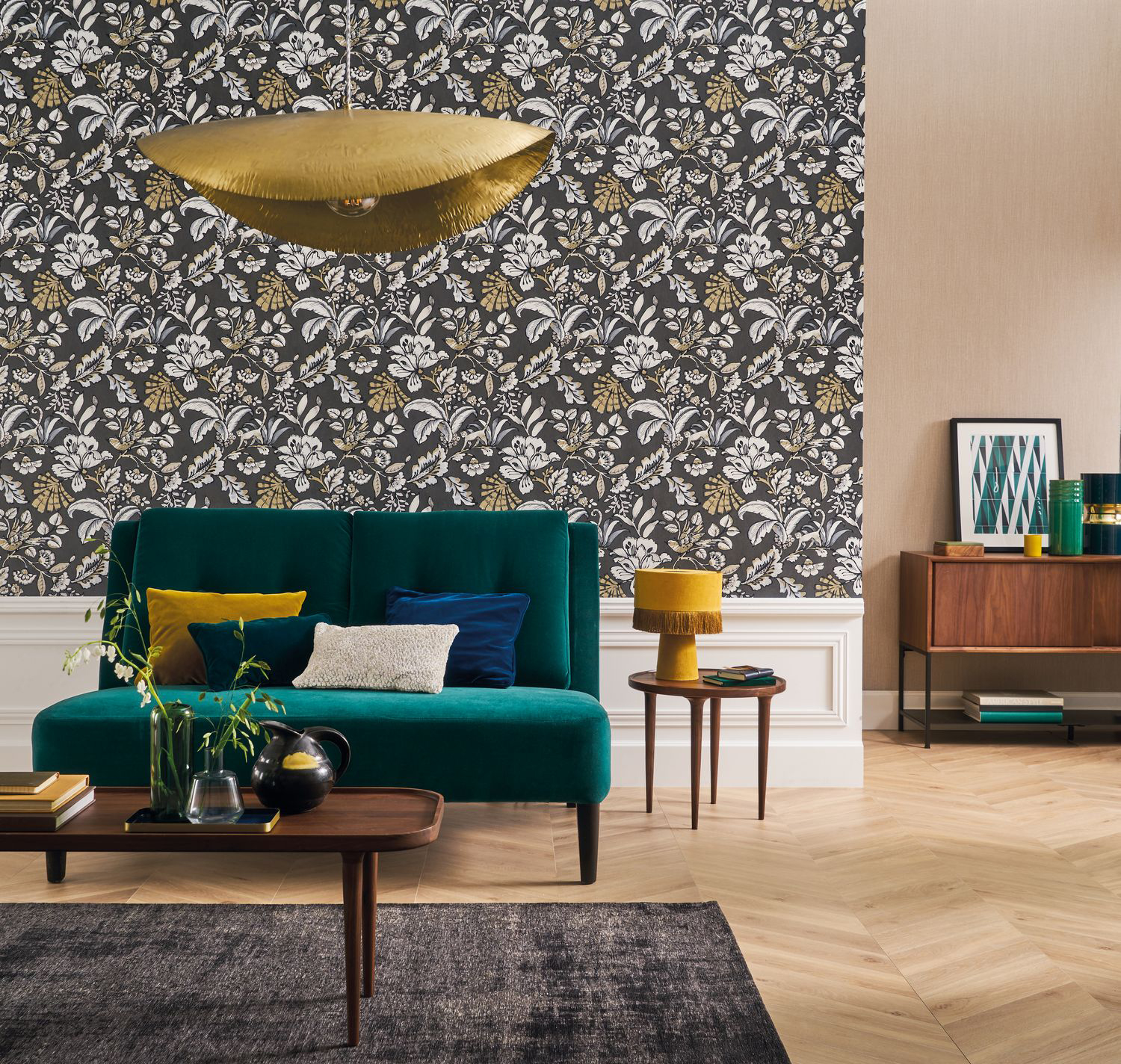 Papier peint animaux fleuri Paiony ardoise - Ceylan de Casamance AMB2 | Réf. CAS-74522552