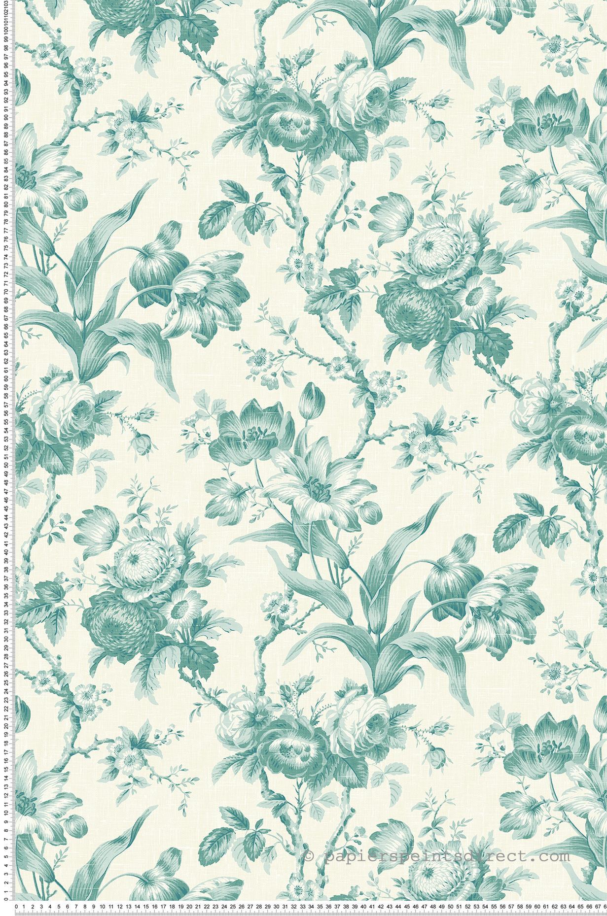 Papier peint Rose Rameau Florale vert opaline écru - French Country d'Initiales | Réf. INI-FC61214