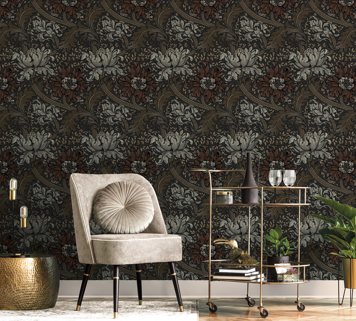 Papier peint Fleur Renaissance Baroque marron cuivre - The Wall Llewelyn-Bowen de Lutèce | Réf. LTC-LB25140