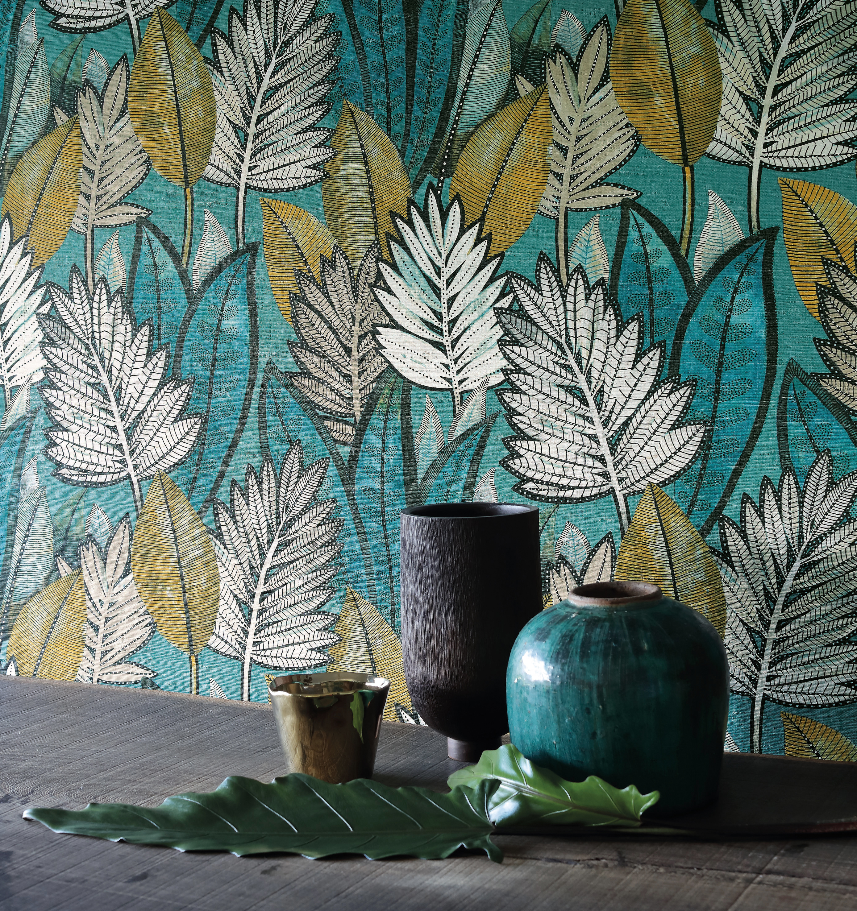 Papier peint Feuillage Sabal canard - Manille de Casamance AMB | Réf. CAS-74680264