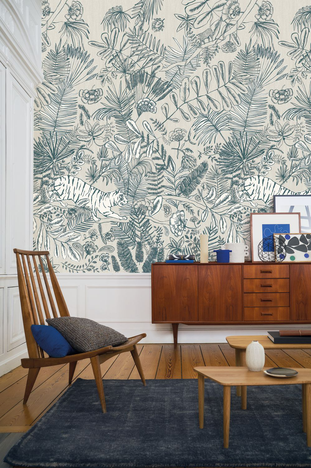 Papier peint panoramique jungle Tigre Pashu écru/blanc - Ceylan de Casamance AMB2 | Réf. CAS-74543582