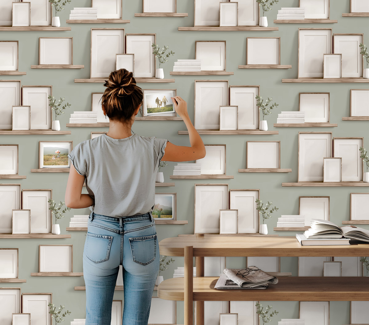 Papier Peint Étagère Cadre Photo vert - Illusion d'Ugépa | Réf. UGP-M89204