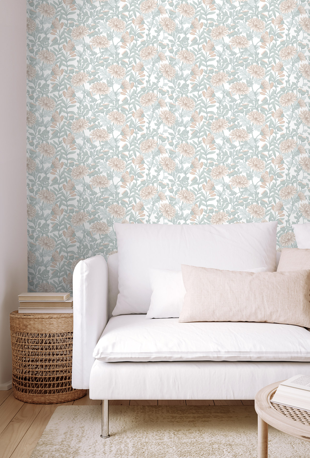 Papier Peint Fleur Oeillets vert de gris rosé - Flora d'Ugépa | Réf. UGP-M88207