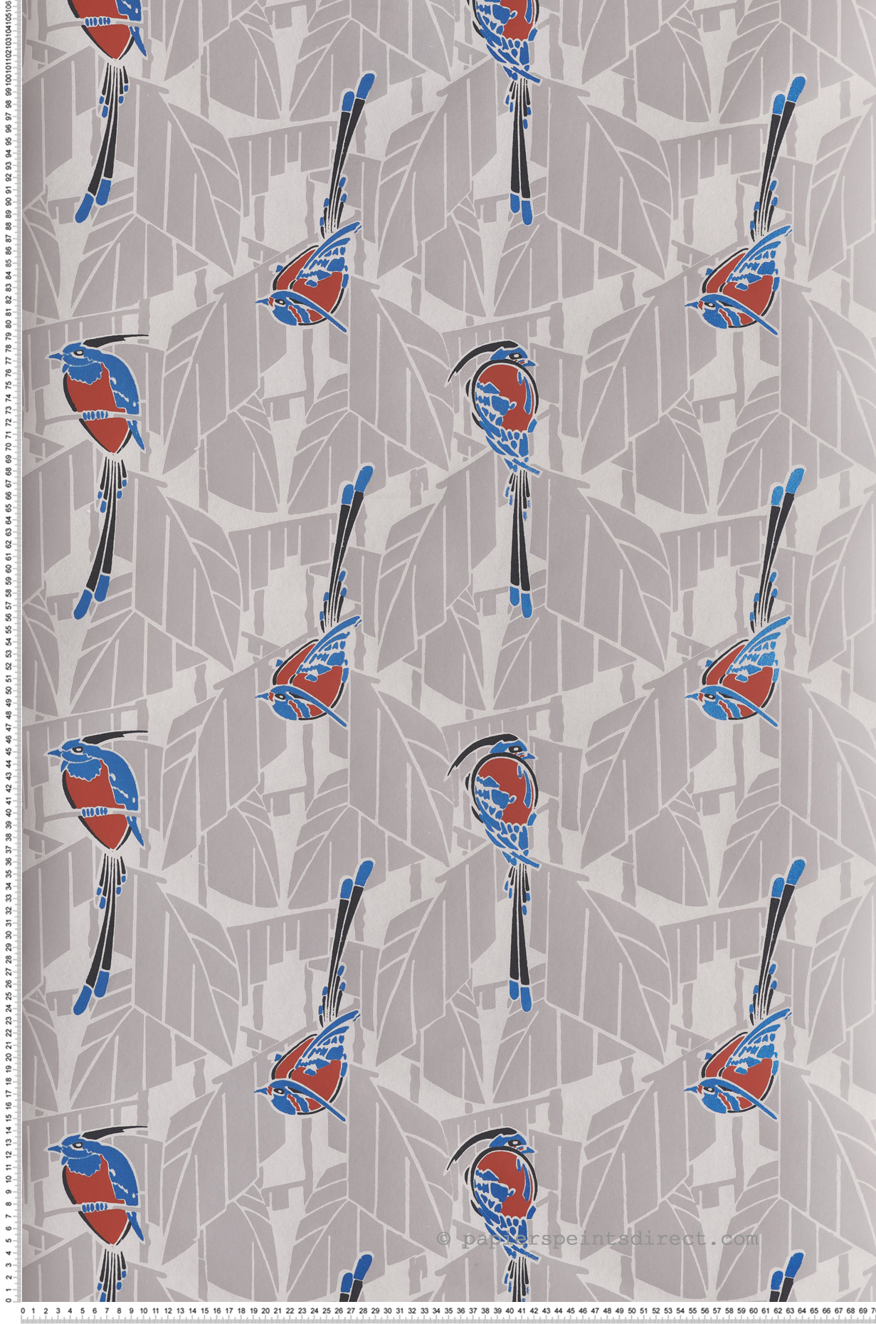 Papier peint Oiseau Graphique Kardinal bleu métallisé - Folies de Masureel | Réf. MAS-FOL602