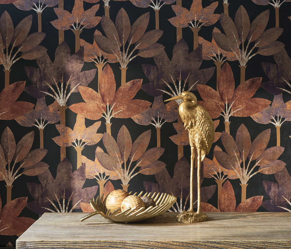 Papier peint Forêt Métallisé Babel bleu encre rouille - Babylone de Casadéco AMB2| Réf. BBLN89718644