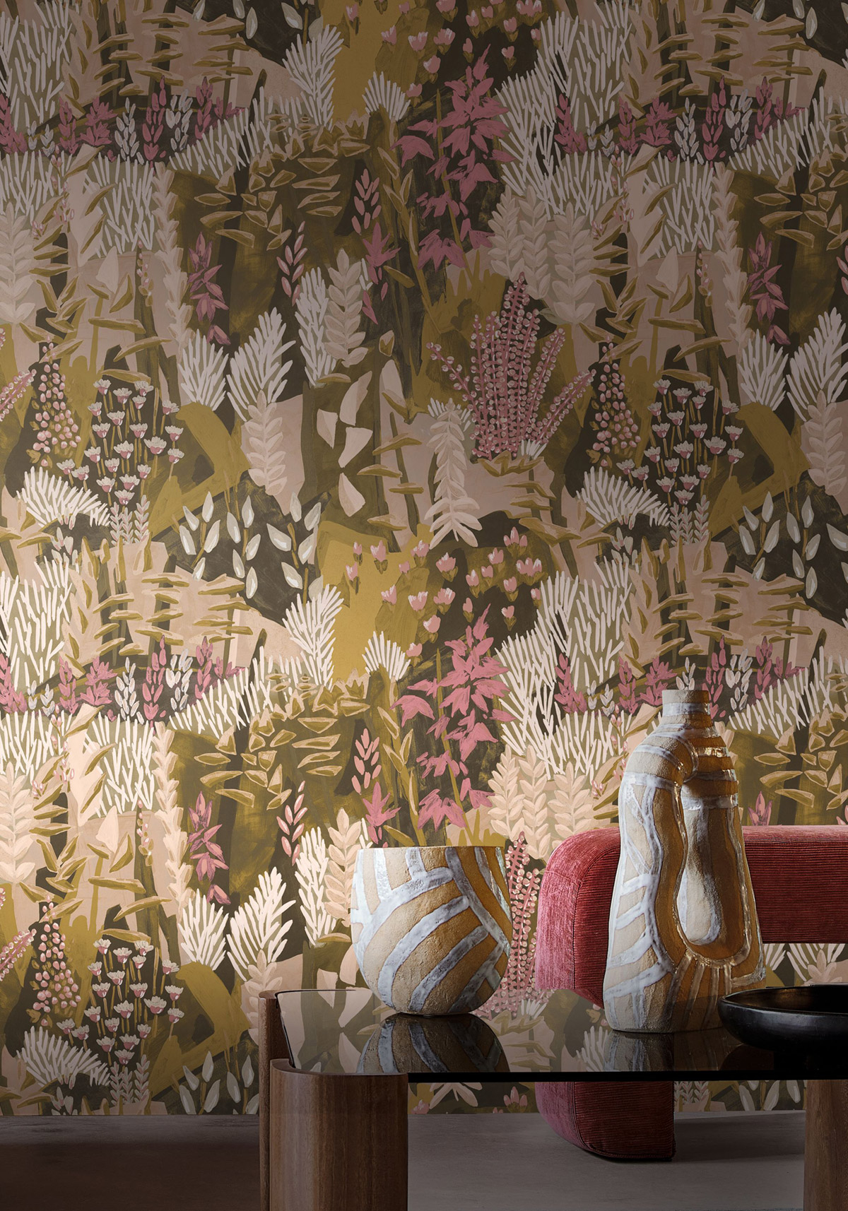 Papier peint Jardin Fleuri Erica vert mousse blush - Jardin Félicia de Casamance | Réf. CAS-76570202