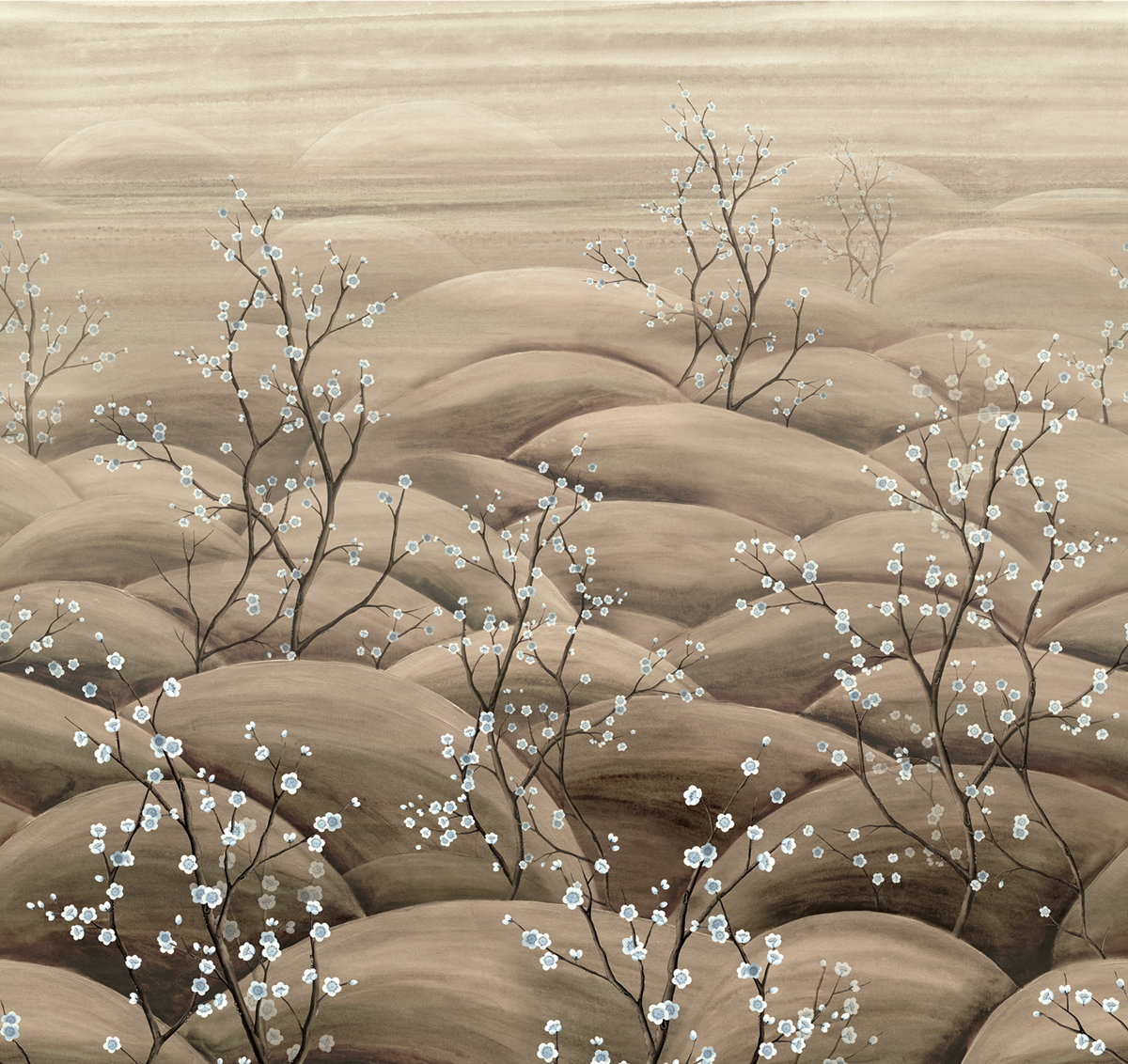 Papier peint panoramique Paysage Floral Japonais Sakura taupe - A, B et C H300 - Traces de Masureel | Réf. MAS-DGTRA501X-300
